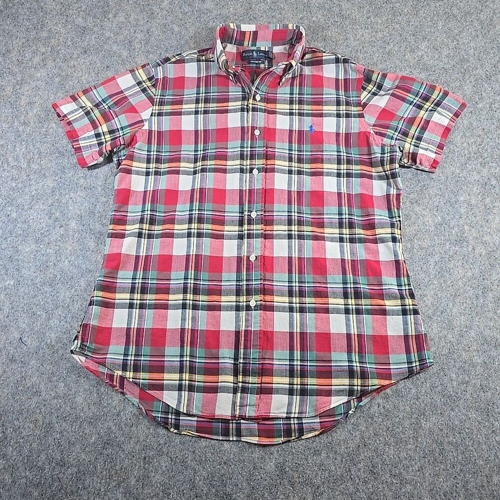 Ralph Lauren Shirt Men Large Red White Plaid Short Sleeve Button Up 100% Cotton